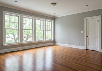 Obraz premium Bright empty room with hardwood floors and large windows letting in natural light and a white door frame