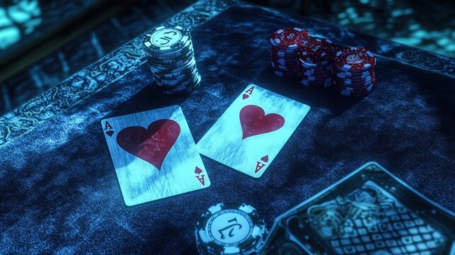 Pair of heart aces on poker table with chips in dramatic casino light and dark background