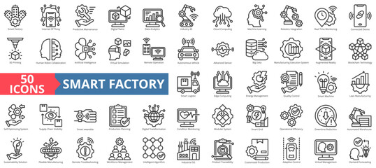 Smart factory icon collection set. Containing predictive maintenance, digital twins, data analytics, industry 4 0, machine learning, robotics integration icon. Simple outline vector illustration.