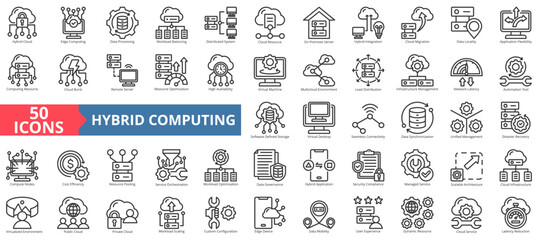 Hybrid computing icon collection set. Containing data processing, workload balancing, distributed system, cloud resource, hybrid integration, remote server icon. Simple outline vector illustration.