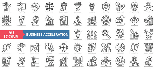 Business acceleration icon collection set. Containing growth hacking, rapid scaling, agile team, market expansion, customer retention, lead generation icon. Simple outline vector illustration.