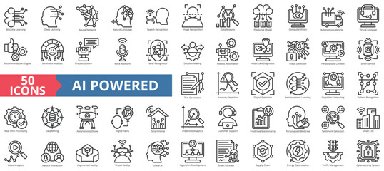 Ai powered icon collection set. Containing machine learning, deep learning, neural network, natural language, speech recognition, image recognition icon. Simple outline vector illustration.