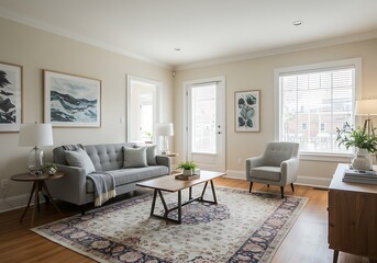 Fototapeta premium A living room with a gray sofa, chair, and a patterned rug, with artwork and natural light coming in