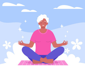 Yoga retreat, spiritual practices, mindfulness.  Elderly woman meditating, practicing yoga. 
