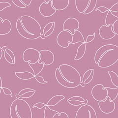 Seamless pattern with continuous one line drawing cherry and plum. Hand drawn berries for fabric,  packaging paper and more.