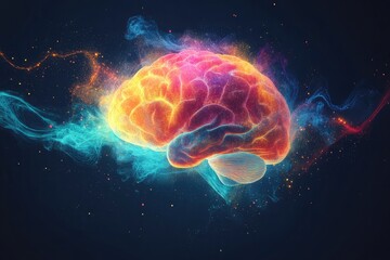 Brain surrounded by colorful electromagnetic field lines, concept of wireless interaction with copyspace. 