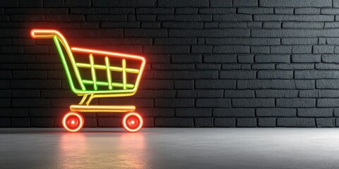 Neon Shopping Cart Sign Against Dark Brick Wall