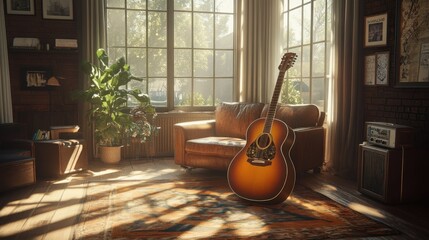 A guitar leaning by a couch in a sunlit interior setting