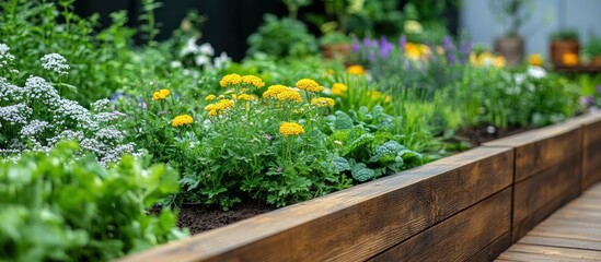 Raised garden bed with yellow flowers, herbs, and greens