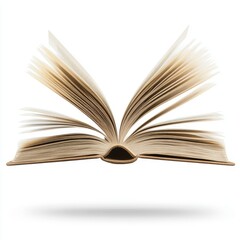 Open book, floating in the air, against a white background,
