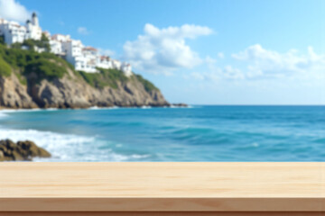 Fototapeta premium wooden table with a view of the ocean