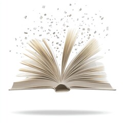 Open book, floating in the air, against a white background,