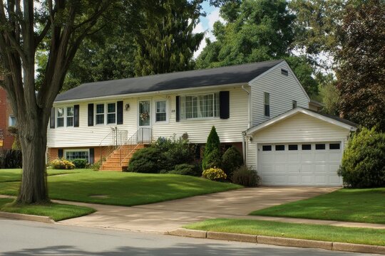 Split Level Home in Suburban Maryland: Charming Exterior with Driveway and Lush Lawn