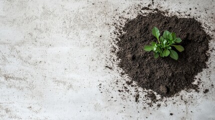 A small green plant emerging from dark soil on a light concrete surface, symbolizing growth