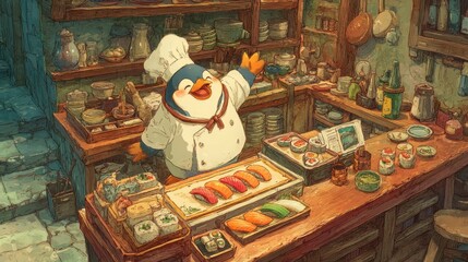 urban animal job Charming Penguin Chef Celebrating in Cozy Sushi Kitchen Scene