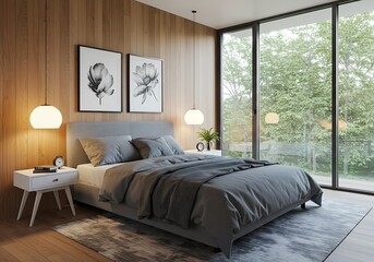 Fototapeta premium Bedroom interior with gray bedding flower art and large window overlooking green trees outside view
