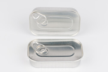 Plain metal food container for preserved meals on white isolated studio scene