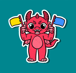 Cartoon Character of a Cute Dragon Holding Flags