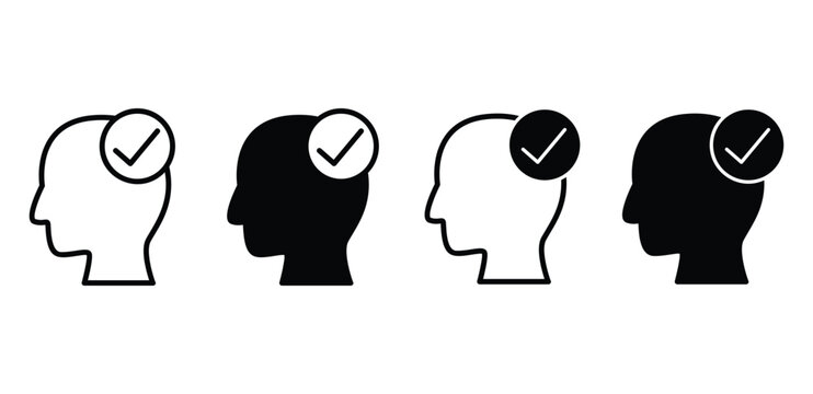 Competence Icons Black and White Head Silhouettes with Check Marks Vector Design