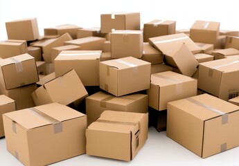 Fototapeta premium Many Brown Cardboard Boxes Stacked in a Pile on White Background