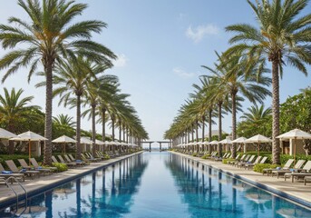 Palm trees lining a pool at a tropical resort
