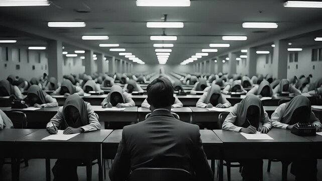 A lone figure in a suit surrounded by a room full of faceless people in hoods, sitting at desks in a stark, monotonous setting

