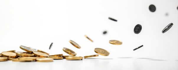 Fototapeta premium Scattered flying coins, black icons on white, simple design, coins, icon, transaction
