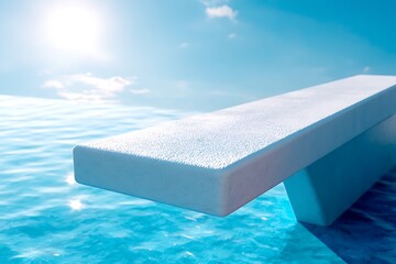 A swimming poola??s diving board edge, set in an outdoor setting with bright sunlight, evoking a crisp and refreshing style.