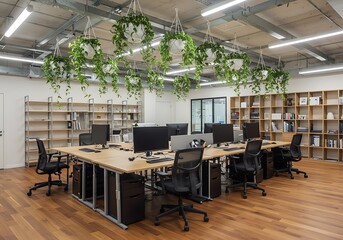 Fototapeta premium A modern office space with hanging plants above desks and bookshelves in the background of the room