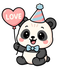 Naklejka premium babay Panda with Heart Love Balloon and Party Hat 