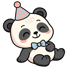 Baby Panda Sitting with Party Hat and Bow Tie - Adorable Cartoon Animal Illustration
