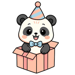 Baby Panda Inside Gift Box with Party Hat - Adorable Cartoon Birthday Surprise Illustration