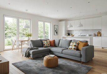 A bright living room featuring a gray sectional sofa with colorful pillows and a modern kitchen area