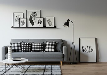 Living room with gray sofa, patterned pillows, botanical prints, lamp and hello art on the floor