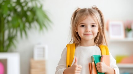 A young girl with a backpack giving a thumbs-up in a bright and cozy room, holding colorful books, and cheerful and educational concept.