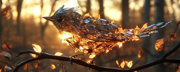 Decorative metal bird perched on a branch with warm autumnal sun setting in background for artistic decor