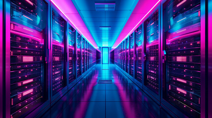 Fototapeta premium Sleek, futuristic data center with rows of glowing server cabinets, neon blue and pink lighting