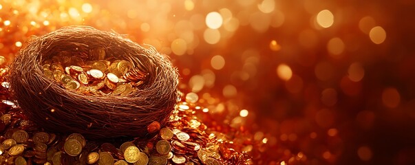 Nest filled with golden coins on glittering gold bokeh background, for investments, savings