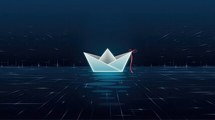 Paper Boat: A solitary paper boat elegantly floats on a sea of digital lines, symbolizing concepts like communication, navigation, and the exploration of new horizons.