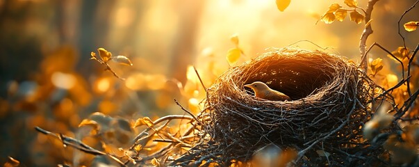 Small bird in a nest in forest on warm sunny day. For illustrating family, spring, or new beginnings