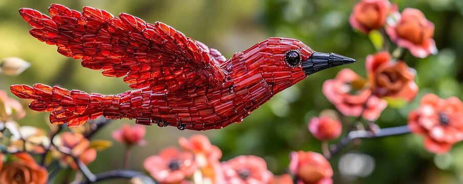 Ruby hummingbird soaring near blossoms in garden. For nature, crafts, avian themes