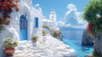 Fototapeta premium Peaceful Greek island architecture and plants high resolution picture