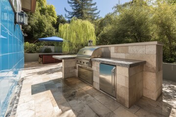 Stylish Hardscape Design for Backyard: Outdoor Entertainment Space Featuring Barbecue, Cooking Counter, and Blue Bush Accents