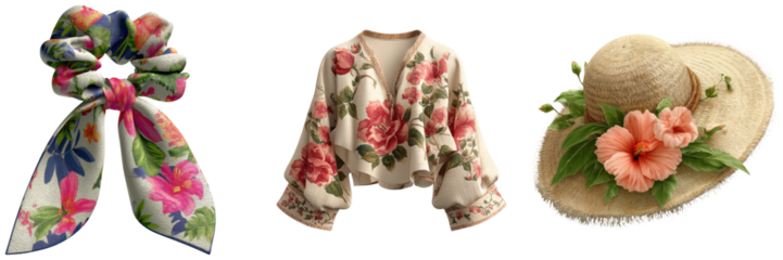 Summer Vibes Clipart Concept for Fashion and Accessories. A collection of floral-patterned accessories, including a scarf, a decorative jacket, and a straw hat adorned with a flower