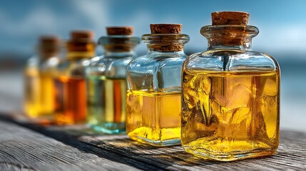 Close-Up of Bottles with Yellow Liquid on Table – Outdoor Market Background with Blue Sky for Product Display or Advertisement Concept
