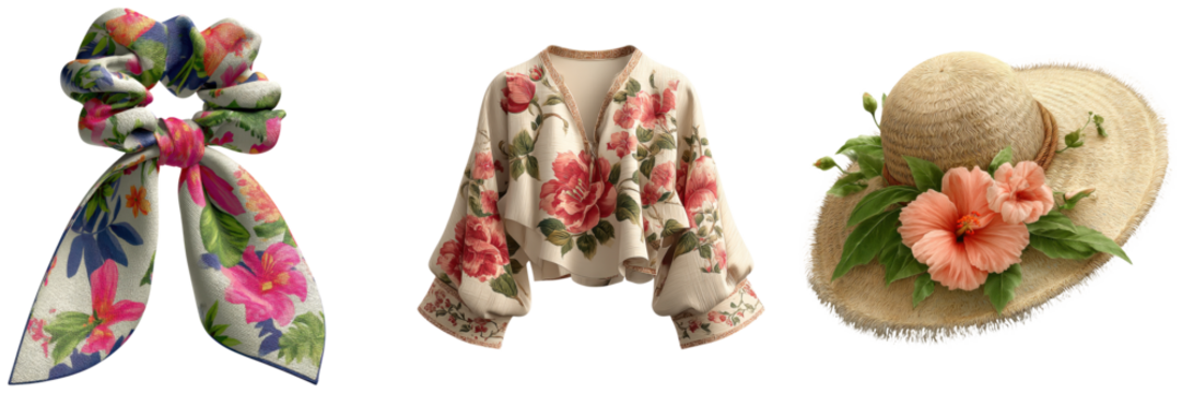 Summer Vibes Clipart Concept for Fashion and Accessories. A collection of floral-patterned accessories, including a scarf, a decorative jacket, and a straw hat adorned with a flower