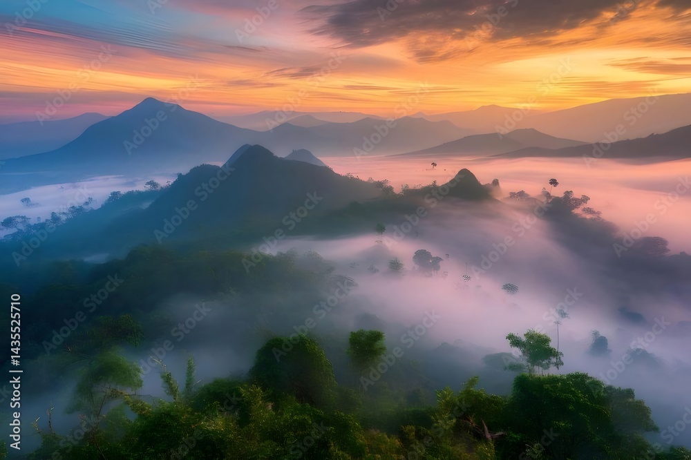 Aufkleber 日の出の光が山々を照らす霧に包まれた風景 鳥の群れが舞うオレンジとピンク色の空