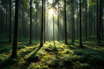 Fototapeta premium sunbeams shining through the trees in a forest