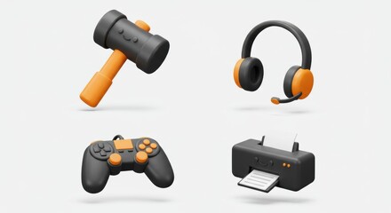 Black and Orange 3D Icon Set: Tools, Gaming, and Technology