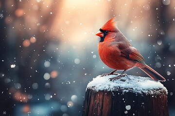 Cardinal bird sits on wooden post during snowfall, dreamy bokeh background, wildlife photography